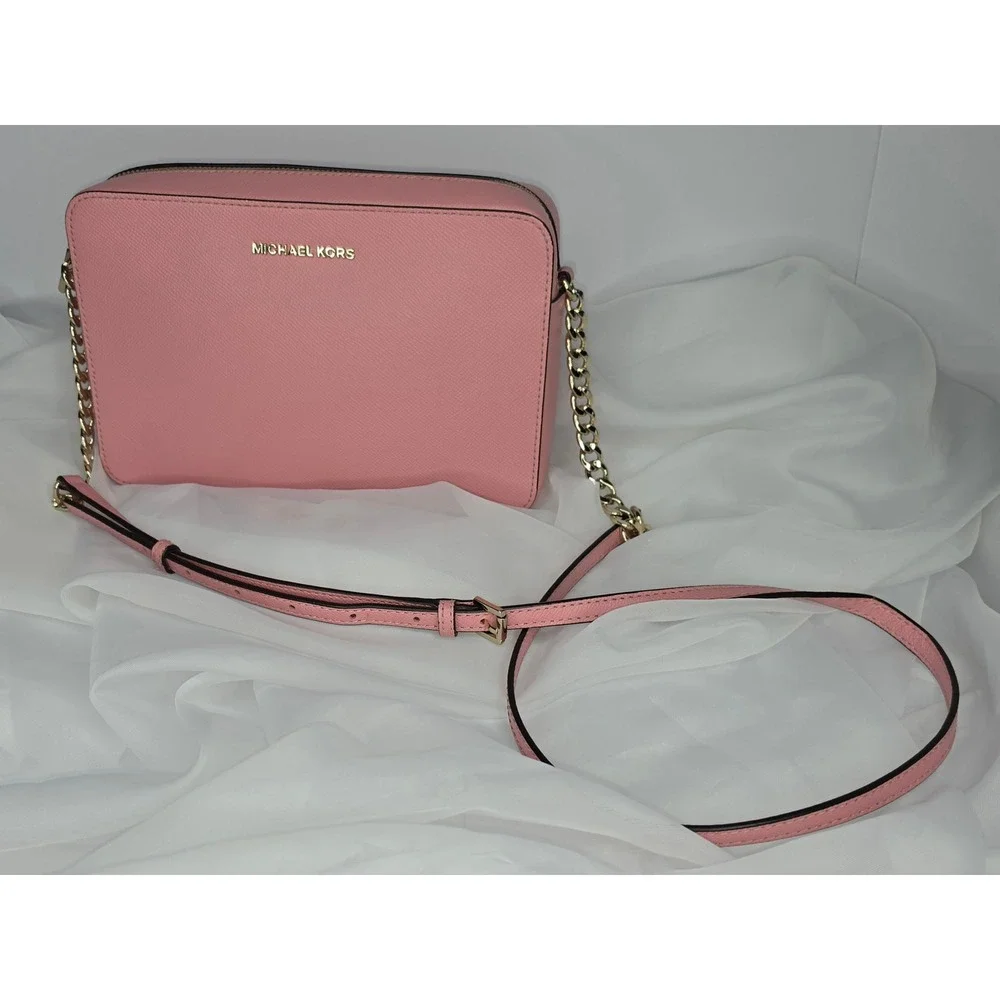 Michael Kors Jet Set Large East West Crossbody Bag Pink Saffiano Leather Gold HW